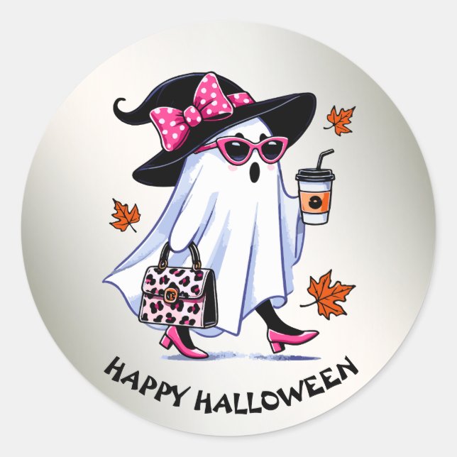 Sticker Rond Halloween Cute Stylish sorcière Ghost Coffee Cup (Devant)