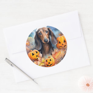 Sticker Rond Halloween Dachshund Avec La Peur Citrouille