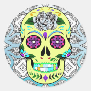 Sticker Rond Halloween du crâne de sucre