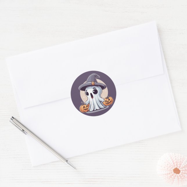 Sticker Rond Halloween : fantôme avec des citrouilles - (Enveloppe)