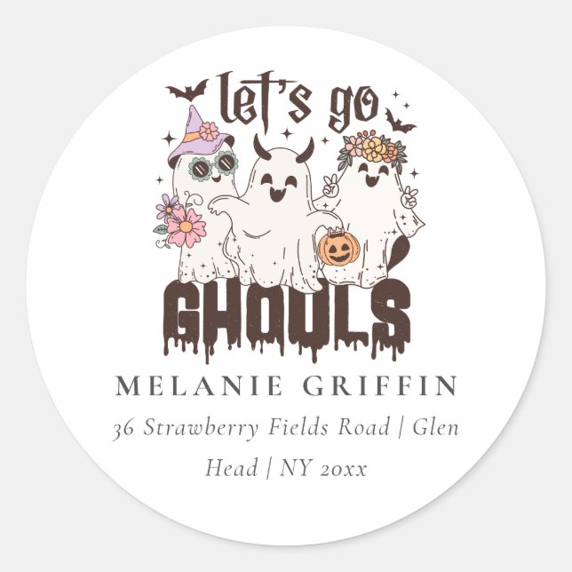 Sticker Rond Halloween Fantômes Rétro Allons Gouls Adresse (Devant)