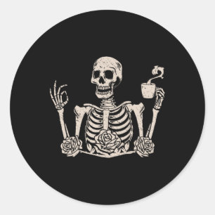 Sticker Rond Halloween Femmes Hommes Drôle Squelette Boire Café