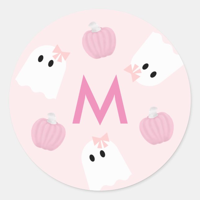 Sticker Rond Halloween Fille fantôme et Citrouille Monogramme r (Devant)