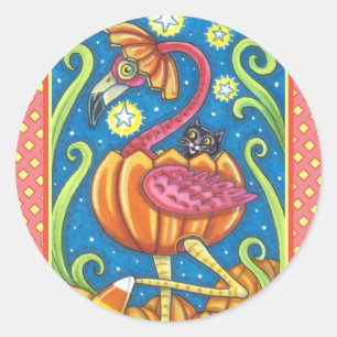 STICKER ROND HALLOWEEN FLAMANT ROSE ROSE & CHAT NOIR EN CITROUI