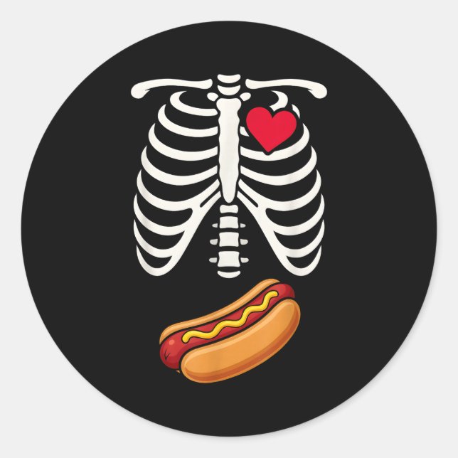Sticker Rond Halloween Funny Skeleton Ribcage Hotdog Food Lover (Devant)