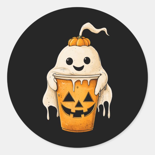 Sticker Rond Halloween Ghost Iced Café avec Citrouille Fun Spoe (Devant)