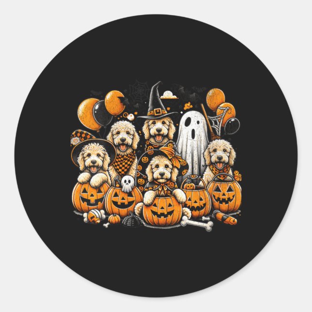 Sticker Rond Halloween Goldendoodle Mignon Fantôme Et Sorcière  (Devant)
