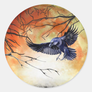 Sticker Rond Halloween Goth Raven Crow Lune scène