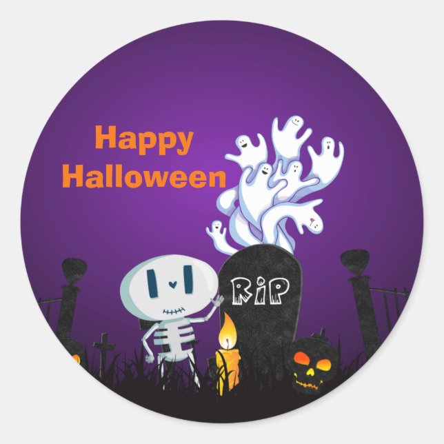 Sticker Rond Halloween Graveyard Éffrayant Cute Skeleton & Ghos (Devant)