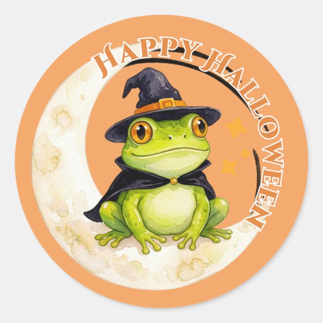 Sticker Rond Halloween Grenouille Mignonne Crapaud Sorcière (Devant)