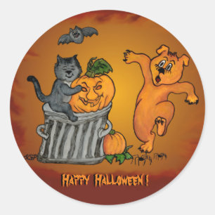 Sticker Rond Halloween heureux avec le chien et l'araignée de