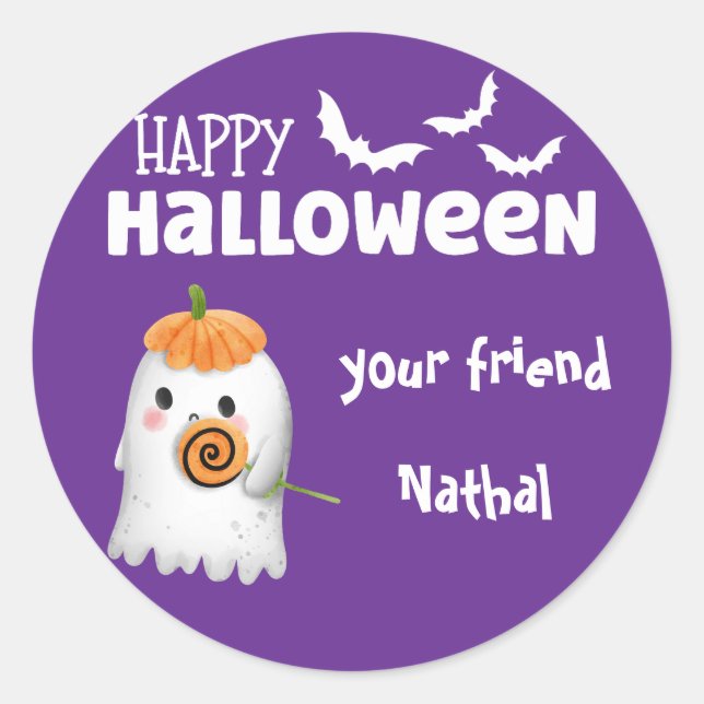 Sticker Rond Halloween heureux et personnalisé avec mignon Ghos (Devant)