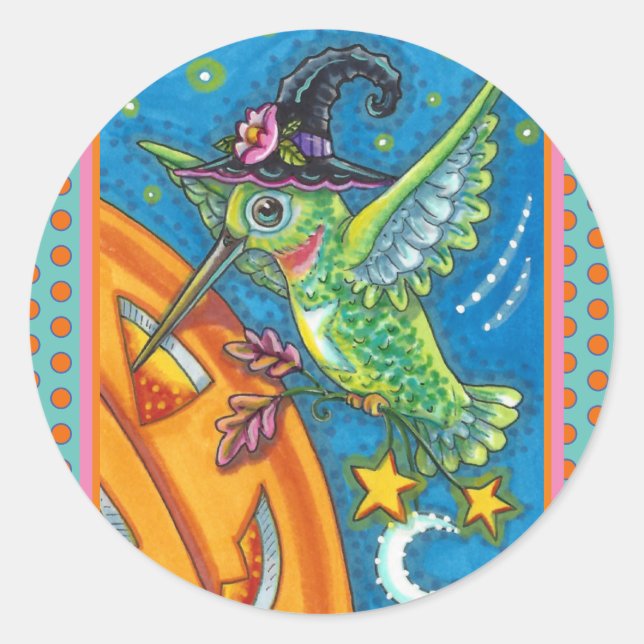 STICKER ROND HALLOWEEN HUMMINGBIRD & JACK-O'-LANTERN WHIMSY (Devant)