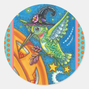 STICKER ROND HALLOWEEN HUMMINGBIRD & JACK-O'-LANTERN WHIMSY