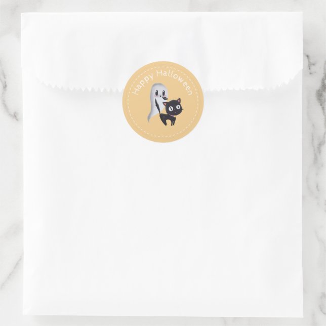Sticker Rond Halloween Jaune et Fantôme et Chat Joyeux (Sac)