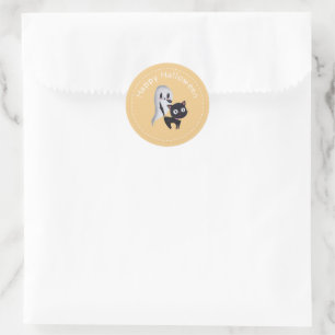 Sticker Rond Halloween Jaune et Fantôme et Chat Joyeux