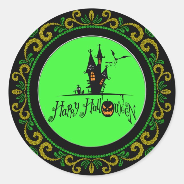 Sticker Rond Halloween Jaune Green Happy Haunween Maison hantée (Devant)