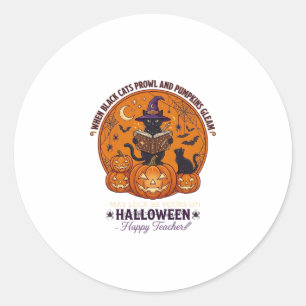 Sticker Rond Halloween Joyeux Professeur Chat Noir Sorcière Cha