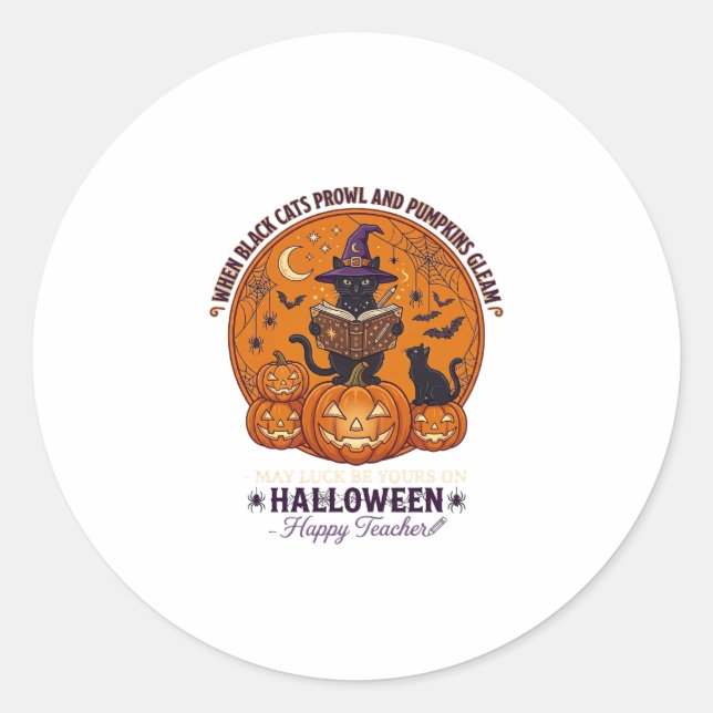 Sticker Rond Halloween Joyeux Professeur Chat Noir Sorcière Cha (Devant)
