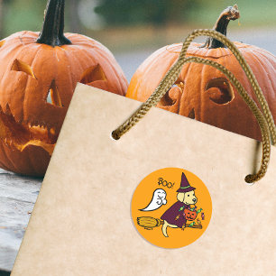 Sticker Rond Halloween Labrador jaune et balai