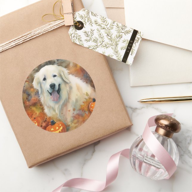 Sticker Rond Halloween les grandes Pyrénées avec la peur Citrou (Cadeaux)