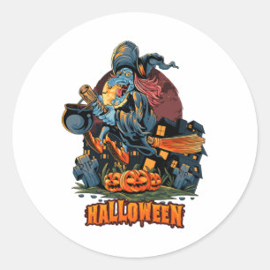 Sticker Rond Halloween les sorcières volent avec la pile de bal