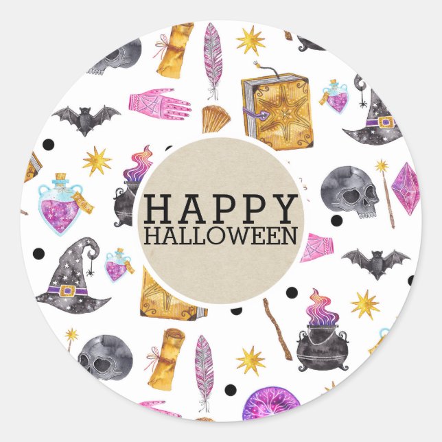 Sticker Rond Halloween magique Aquarelle Whimsical Kraft Party (Devant)