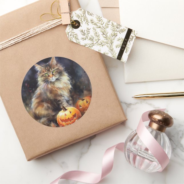 Sticker Rond Halloween Maine Coon Chat Avec Crainte Citrouille (Cadeaux)