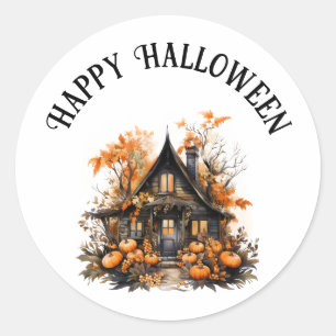 Sticker Rond Halloween Maison hantée avec Citrouilles & Foliage