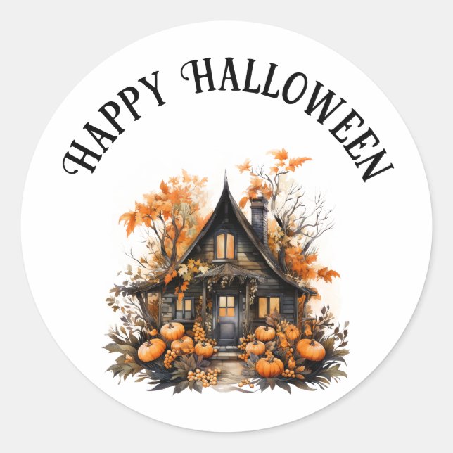 Sticker Rond Halloween Maison hantée avec Citrouilles & Foliage (Devant)
