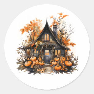 Sticker Rond Halloween Maison hantée avec Citrouilles & Foliage