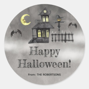 Sticker Rond Halloween, Maison Hantée, Cadeau, Fête Faveur