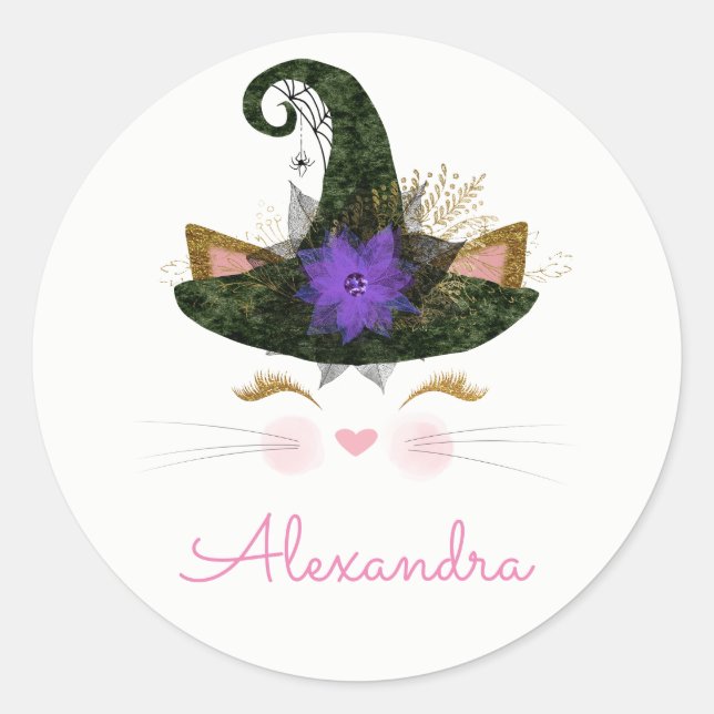 Sticker Rond Halloween mignon Monogram Kitty Witch Seal (Devant)