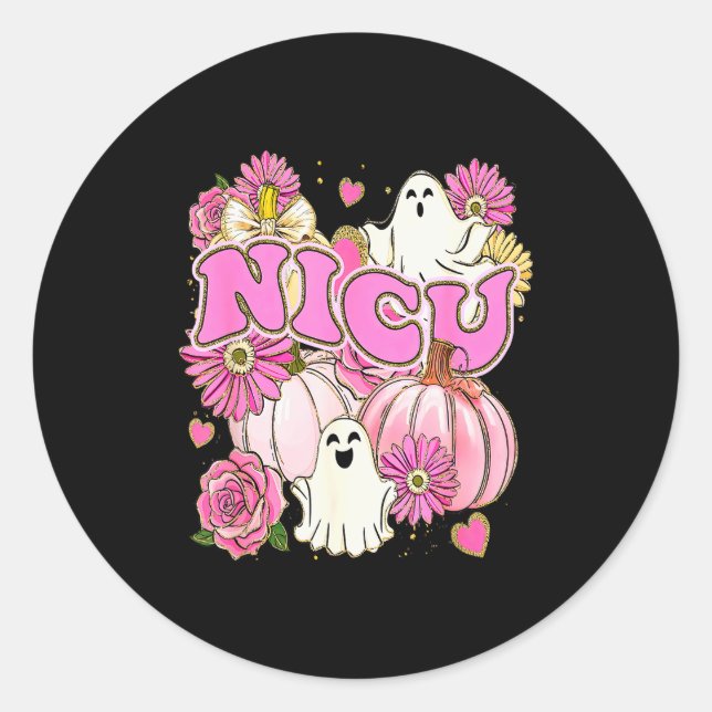 Sticker Rond Halloween Nicu Nurse Pink Floral Pumpkin Ghost Icu (Devant)