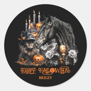 Sticker Rond Halloween noir Cheval noir Chat éffrayant