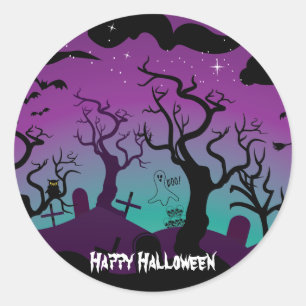 Sticker Rond Halloween noir, violet, turquoise