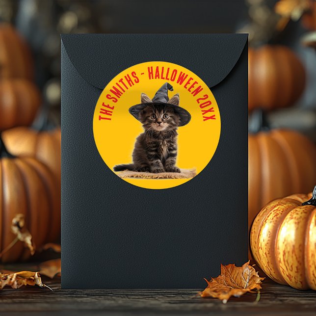 Sticker Rond Halloween Orange Et Rouge Kitten Witch (Créateur téléchargé)