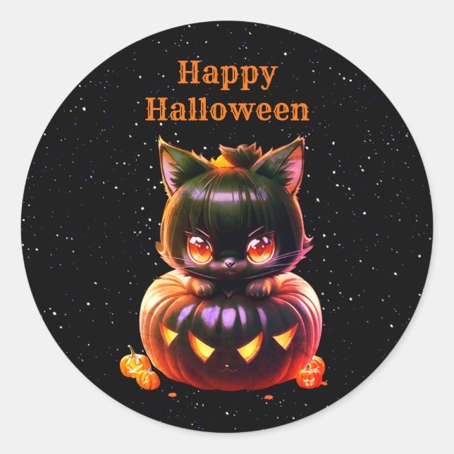 Sticker Rond Halloween Party Chat noir Citrouille Horreur (Devant)