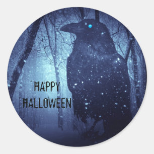 Sticker Rond Halloween Party Corbeau noir Corbeau Forêt bleue