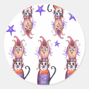 Sticker Rond Halloween Party Stciker Chat. Chouette