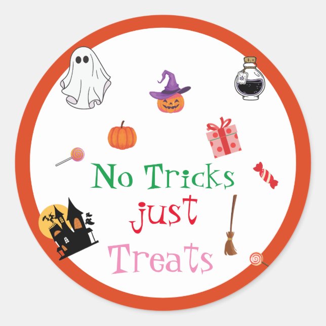 Sticker Rond Halloween Pas de trucs Traite juste citrouille éff (Devant)