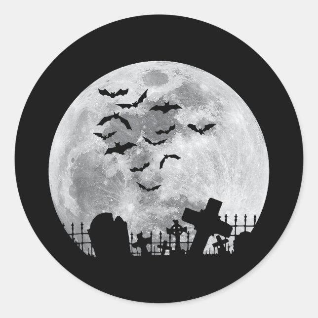 Sticker Rond Halloween Pleine lune Cimetière Bats Éffrayants (Devant)