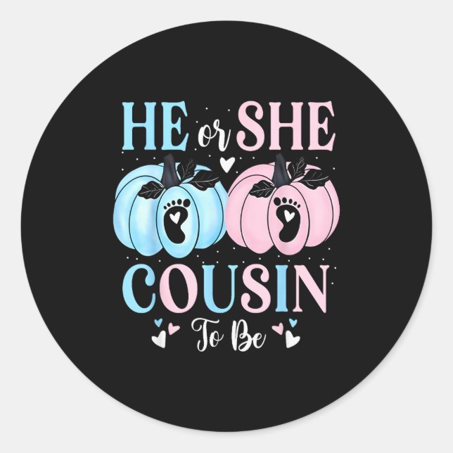 Sticker Rond Halloween Pumpkin Gender Reveal He Or She Cousin T (Devant)