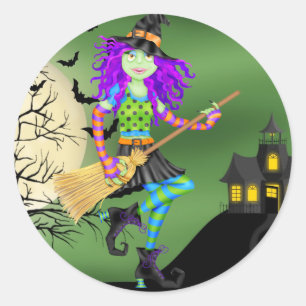 Sticker Rond Halloween Rocking Witch - SRF