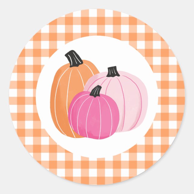 Sticker Rond Halloween rose Citrouilles orange Plaid (Devant)