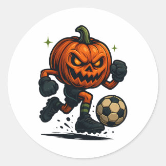 Sticker Rond Halloween Scary Pumpkin Showing Soccer Skills Spoo
