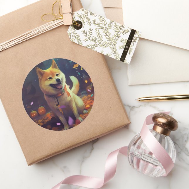 Sticker Rond Halloween Shiba Inu Avec La Peur Citrouille (Cadeaux)