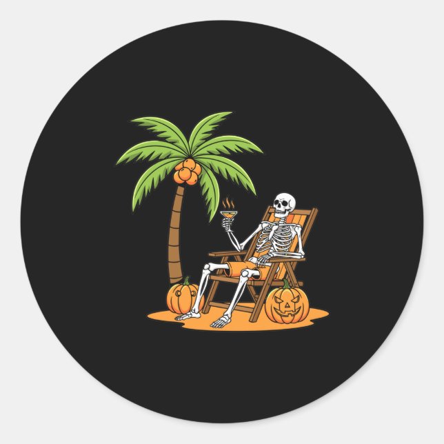 Sticker Rond Halloween Skeleton Beach Vacation Palm Tree Pumpki (Devant)