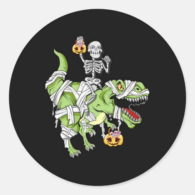 Sticker Rond Halloween Skeleton Mummy Dinosaur T rex Fun Hallow (Devant)