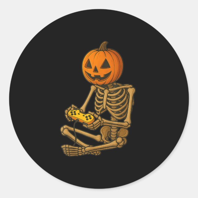 Sticker Rond Halloween Skeleton Pumpkin Gamer Video Gaming Men  (Devant)